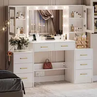 58.3”Vanity Desk with Mirror and Replaceable Lights & Charging Station,Bedroom Dressing Table,Large Vanity Set,8 Drawers and 2 Cabinets,Makeup Vanity Table with Charging Station,Without Stool,White/Black/Pink