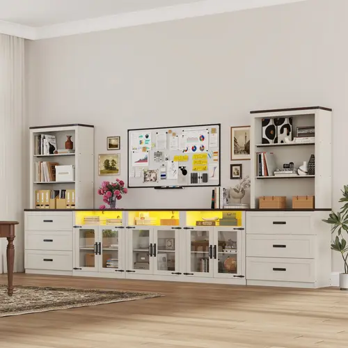 157.5"W×15.7"D×72"H Farmhouse TV Stand with Bookcases & Sliding Door, 100" TV-Fit Rustic Wood Entertainment Center with Storage Cabinets, Drawers, Open Shelves, Built-In LED Lighting & All Hardware Included for Living Room