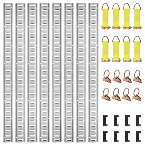 【Summerfinds】VEVOR E Track Tie-Down Rail Kit,32PCS 5' E-Tracks Set Includes 8 Steel Rails & 8 O-Rings & 8 Tie-Offs with D-Ring & 8 End CapsTrailer Securing Accessories for Cargo Motorcycles Bikes1500 lbs Load, Heavy Duty, Adjustable Length Design, High Lo