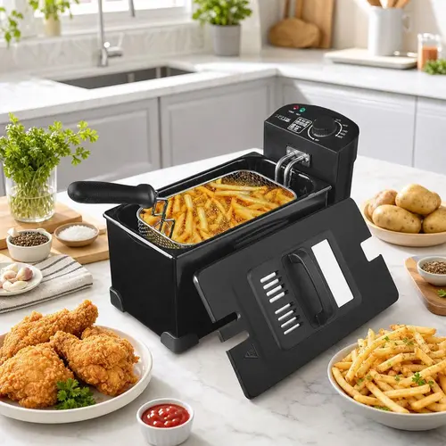 SPZTJK Countertop Electric Deep Fryer - 1500W (1500-1599W), 3L Large Capacity, Oil Drain Feature, Removable Basket, Temperature Control, Lid with Viewing Window, Ideal for Fried Chicken, French Fries, Home Use Kitchen Appliance