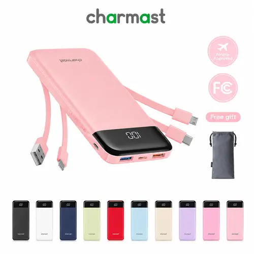 Charmast 10000mAh Slim Portable Charger with Built-in Cables – 6 Outputs & 3 Inputs, 3A Fast Charging Power Bank for iPhone, Android Phones, Tablets, and More Electronic Smartphone Chargeable