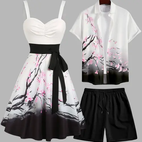 2026 Couple Outfit Women's Sweetheart Neck Plum Blossom Ombre Print Belt Dress and Men's Roll Up Sleeve Shirt Drawstring Beach Shorts Vocation Outfit