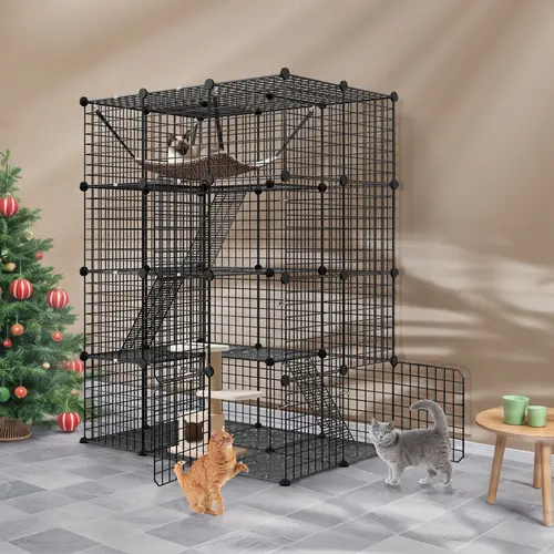 Segawe 4-Tier Enclosed Metal Frame Small Animal Playpen - Escape-Proof Kennel with Hook-Top Stairs, Multi-Level Ferret Cage Setup, Indoor-Outdoor Yard Habitat, Plush Hammock, Hamster Cage Setup