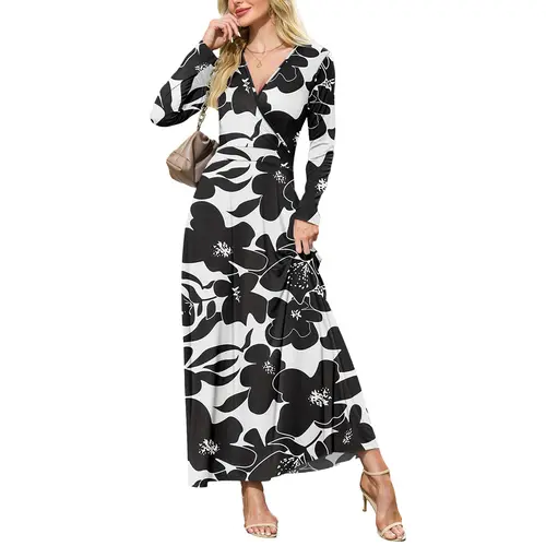 AUSELILY Maxi Dresses for Women, Cross Vneck, Longsleeve Ankle Length Floral Print Flowy Dress with Pockets Boho Summer Dresses Casual Wear