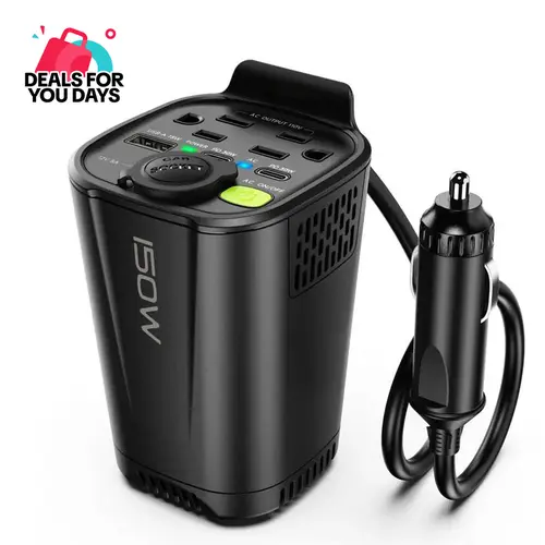 YWZ 150W Car Power Inverter, 12V DC to 110V AC Car Plug Adapter with 2 AC Outlets, 18W USB-A, Dual 30W Fast-Charge PD Car Charger, Cup Holder Power Inverter - Perfect for Laptops, Phones ,iPhone 16 15 14& More On the Go