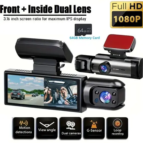 Hikity Front & Rear Wired Dashcam for Cars, Dual-Camera Car Driving Recorder G-Sensor, 3.16 in IPS Screen, 1080P HD, Memory Card, Father's Day Gift, 1080P Car Cameras