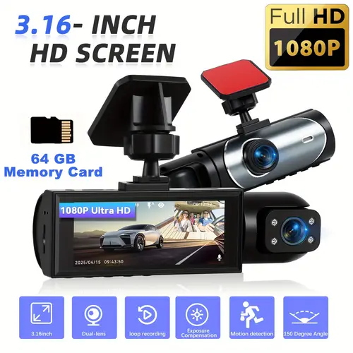 HIKITY 1080P Dual Lens Dashcam - Front, Rear View Camera & Inside Car Camera, 3.16 Inch IPS Screen, 64G TF Card, IR Night Recording, Loop Recording, Wide Angle HD Driving Recorder, Motion Detect Start, No Battery, Father's Day Gift