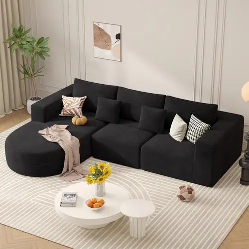【2 Packages shipping】Modular Sectional Sofa with L-Shape Chaise,Cloud Sectional Modern Sleeper Couch with Deep Seat,Sponge Compression Sofas No Assembly Required (Beige-Corduroy Fabric)