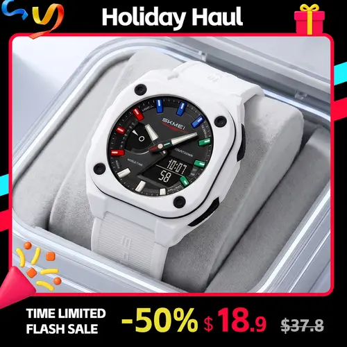 SKMEI Men's Casual Quartz Analog-Digital Plastic Sport Watch - 30M-50M Waterproof, Chronograph, Luminous Light, Multiple Time Zones, Alarm, TPU Strap, Wearable Tech, Men's Accessories, Mens Gifts