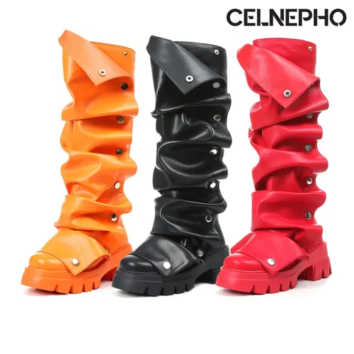 CELNEPHO Womens Platform Slouchy Boots Knee High Fold Over Boot Round Toe Chunky Heels Detachable Snap Off Panel Metallic Button Comfy Long Tall Easy Pull on Outings Streetwear Events Work Casual Wear Gift Party Combat Dressy Trendy Fashion Summer Shoes
