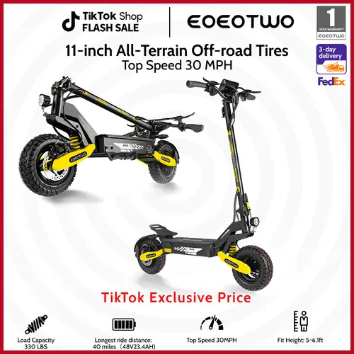 EOEOTWO Adult High Speed Folding Commuter Electric Scooter - 1200W Max Motor, 30 MPH Speed, 30-40 Mi Long Range for Commuting, 11-in Off-Road Tires, Double Suspension, 330 lbs Max Load, LCD Display