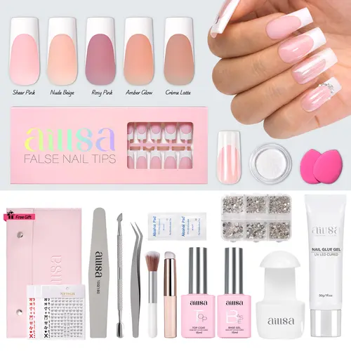 AILLSA Press On Nails Manicure Kit - 30g Strong-Hold Gel Glue, 5 Base Colors, Chrome Powder, Natural-Fit Gel X Tips, White French Tips, DIY At-Home Supplies for Middle Adults (Natural Look, TikTokShopBackToSchool Sohochic)
