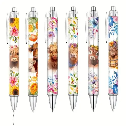 Cute Highland Cow Print Ballpoint Pen Set, Aesthetic Pens, Writing Stationery, 6/12/18 Pieces, School Home Office Desk Decor, Valentine's Day Gift for Her