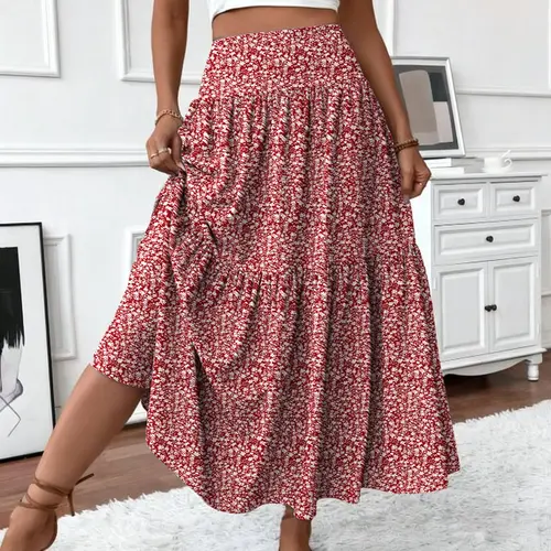 Women's Ditsy Floral Print Elastic Waist Maxi Skirt, Womenswear Fashion Casual Bohemian Boho Skirts Fitted Long Skirt for Daily Holiday Vacation Wear, Ladies Bottoms for Summer, Boho Beach Skirt