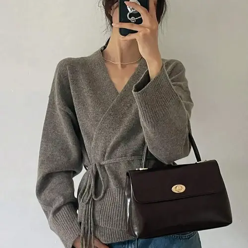 Women's Solid Color Drawstring V Neck Belt Design Sweater Cardigan, Retro Style Casual Comfortable Long Sleeve Cardigan, Soft and Skin-friendly Women's Sweater, Knitwear, Knitting, Fitted Knitwear Sweater, Belted V Neck