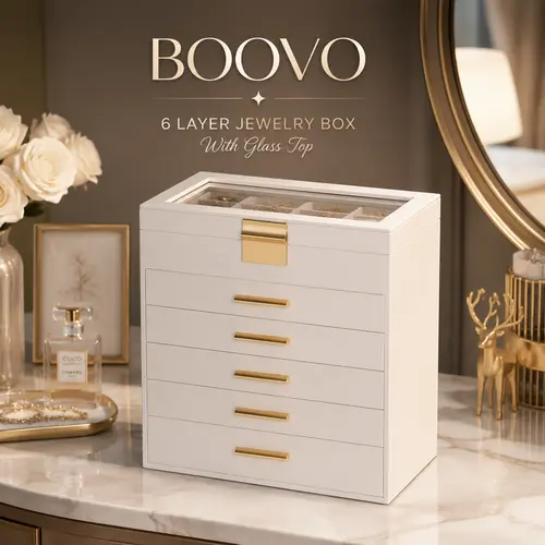 BOOVO（White）Jewelry Boxes for Women, 6-Tier Large Jewelry Organizer, Multifunctional Jewelry Holder for Necklace, Bracelet, Earrings and Rings, Practical Desktop Storage Case, Perfect Birthday & Holiday Gift for Girls and Ladies