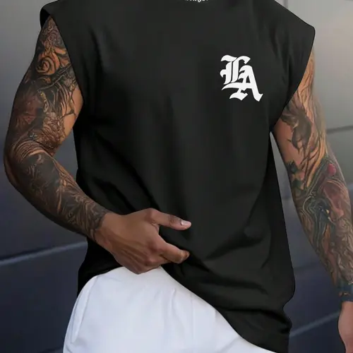Men's Regular Fit Letter Print Tank Top Sleeveless Round Neck Top for Summer, Men's Top for Daily Wear, Tshirt, Casual Streetwear Top, Casual Fitted Streetwear, Casual Menswear, Casual Letter Pattern, Casual Printed