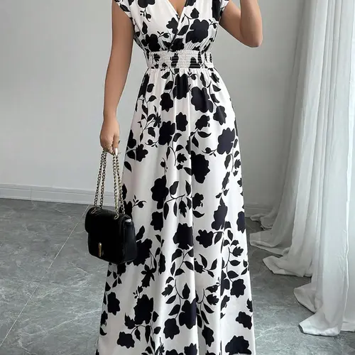 Women's Floral Print V Neck Tank Dress, Elegant Vneck Sleeveless Long Dress for Party Holiday Wedding Guest, Ladies Clothes for Summer, Formal Dresses Women, Womenswear
