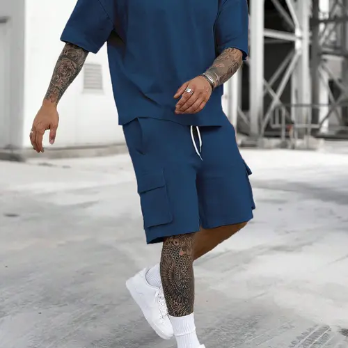Men's Solid Color Tee & Drawstring Waist Shorts Two Piece Loungewear, Relaxed Fit Loungewear, Casual Comfy Round Neck T-shirt & Pocket Shorts Pj Set, Men's Sleepwear for Summer, Pajama Set, Lounge Pajamas, Nightwear Loungewear Set