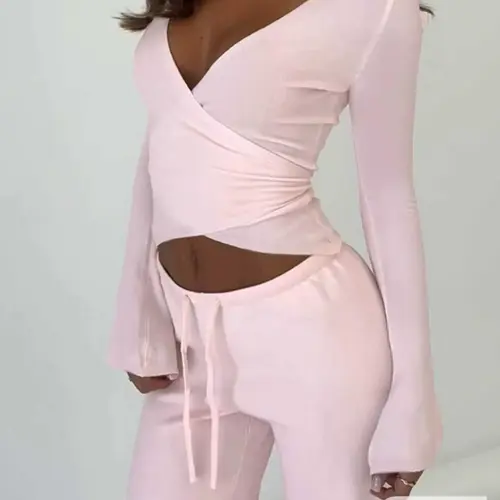 V Neck Sexy Top + Fashion Long Pants Christmas Holiday Atmosphere Set, Slim-Fitting, Plain Pattern, Spring & Fall Style, Minimalist, Clothes, Fashion Style Sets