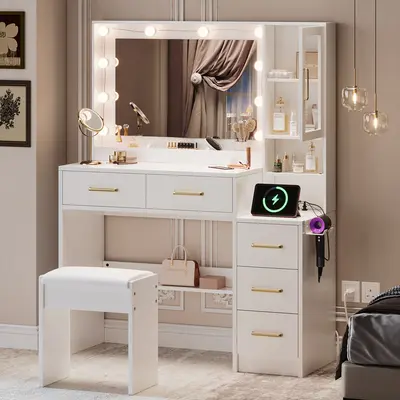 TOKSOM 35.44" White LED Makeup Vanity Desk - Contemporary Drawer-Style Vanity with Replaceable Lights, Charging Station, 5 Drawers, 1 Dust-Proof Cabinet, Open Shelves - Teen Girl Gifts, Bedroom Indoor Furniture