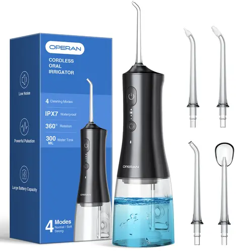 Operan C200/869 Cordless Water Dental Flosser - Portable Rechargeable USB Port Oral Irrigator with Batteries, 300ML, IPX7 Waterproof, 360° Rotatable Multifunctional Tips, 4 Modes, Office Cleansing Plaque Remover for Home & Travel, Braces Care Support