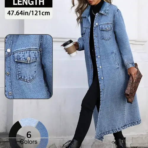 Women's Button Front Denim Coat Outerwear, Elegant Casual Basic Long Sleeve Denim Jacket for Spring & Fall, Women's Clothing for Daily Wear, Jean Coat