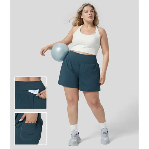 Halara Super High Waisted Back Pocket & Side Hidden Pocket 2-in-1 Yoga Plus Size Shorts 5''-Longer Length  #BackToSchool
