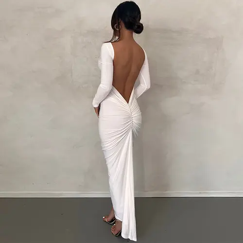 Women's Casual Solid Halter Neck Longsleeves Maxi Dress - Elegant H-Type Bodycon Gown with Sweet Ruched Backless Detail for Holiday Parties, Back Ruching