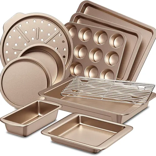 HONGBAKE 10-Pc Teflon-Free Carbon Steel Baking Pan Set, Non-Stick Heavy-Duty Bakeware, Oven-Safe Heat-Resistant 450℉ Baking Sheets, Long-Lasting Performance Baking Supplies for Home Bakers