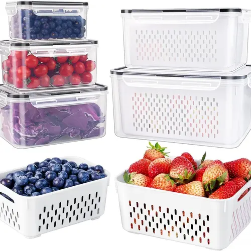 Summerwins 5-Pack Stackable Fridge Fruit Storage Containers - BPA-Free Hard Plastic, Leak-Preventing, Mess-Free, Nestable, Maintains Freshness 4-in-1 Containers with Removable Colanders, Lids for Berries, Salads, Vegetables, Meat, Hard Plastic Food Storag