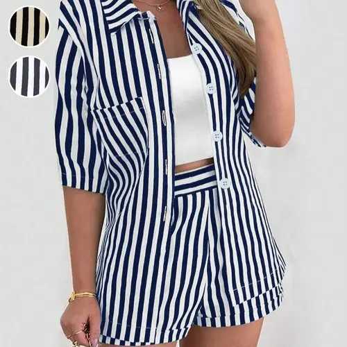 Two-piece Set Women's Striped Print Button Up Shirt & Shorts, Casual Collared Top & Shorts, Ladies Two-piece Outfits for Summer, Shortie Set, Womenswear