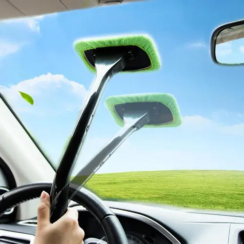 Glass Washer Brush for Dry & Moist Wipe, Adjustable Glass Cleaning Brush with Long Handle, Car Windshield Brush, Car Window Cleaning Tool, Reusable