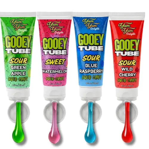Ooey Gooey Tubes Liquid Candy Ooze Sweet & Sour Flavors Gummy Candy & Dessert Topper Blue Raspberry - Green Apple - Watermelon - Cherry
