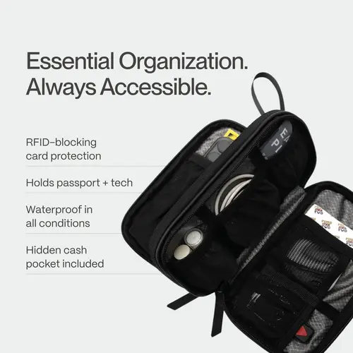 AVIO HATCH Water-Resistant RFID Travel Pouch - Compact, Secure Closure, 4 oz Travel Containers, Diamond-Lined, Stash Pocket, Wipe Surface with Damp Cloth - Ideal for Short Trips, Daily Commutes, Zipper Pouches