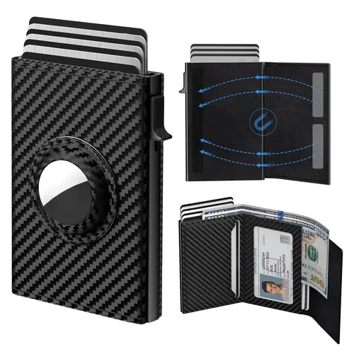 Men's Minimalist Bifold Stylish Wallet - PU Leather/Carbon Fibre, RFID Blocking, AirTag Compatible, Slim, 9-14 Card Slots, ID/Cash Slot (AIRTAG NOT INCLUDED), Everyday Carry for Business, Party Use
