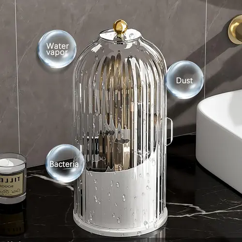 summerwins Triangle Toothbrush Holder with Dustproof Cover, 360-Rotating, 3-Slot Transparent Body Reveals Every Brush, Firm Bathroom Countertop Organizer for Toothpaste & Makeup Brushes (Black Friday)