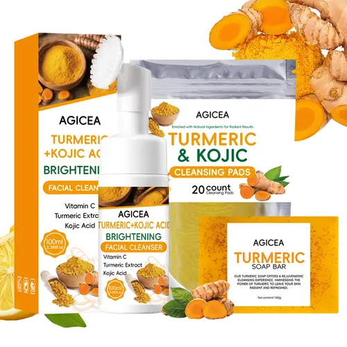 AGICEA Turmeric 3-Piece Wash and Care Pack - Turmeric Tablets, Kojic Acid Soap, Facial Cleanser, Moisturizing Hydrating Exfoliating Face Care Products for Skincare Nourishment
