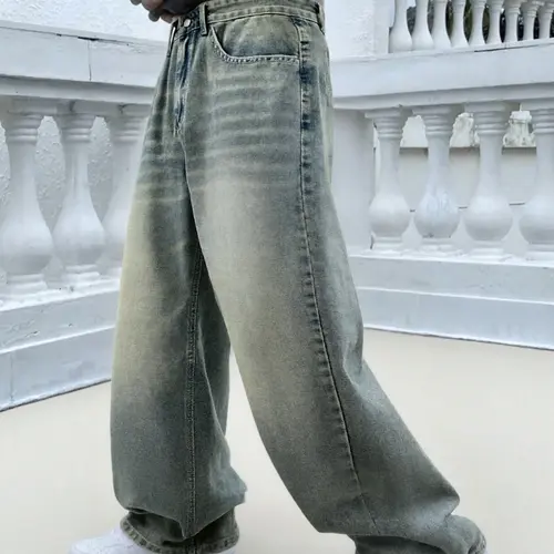 Men's Vintage Washed Denim Jeans, Basic Loose-Fit Wide-Leg Style, American Streetwear Trendy Look, Cotton Fabric, All Seasons