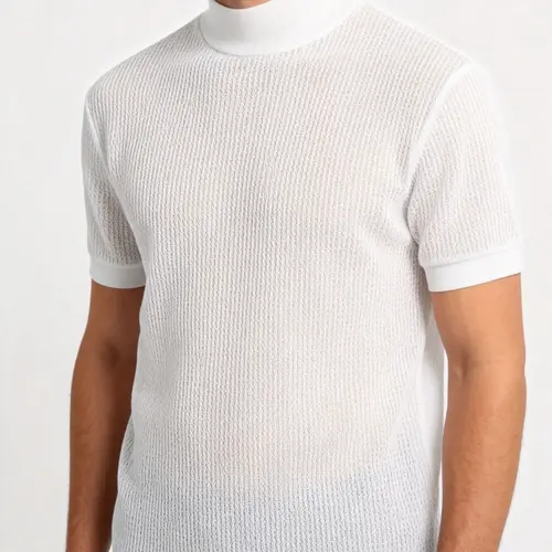 Men's Solid Plain High Neck Knit Water Ripple Wave Short Sleeve Knitted T-Shirt, Plain Fitted Tee, Stylish Casual Basic Minimalist Style Menswear Sport Top, Outdoor Travel and Daily Essential
