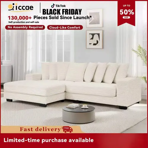 【3 Packages Shipping】 Niccae 111'' Modern L-Shaped Sectional Sofa with Chaise Daybed + Extra-Wide Lounge Couch + 8 Complimentary Gift Pillows, Perfect for Family Living Rooms or Apartments Corduroy Loveseat