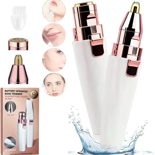Women's 2-in-1 Rechargeable Shaver Kit - Painless Trim Tool, Portable for Travel Bag, Nose Hair Trimmer & Eyebrow Razor for Face Peach Fuzz Lips Chin Body Grooming, Painless Hair Trim