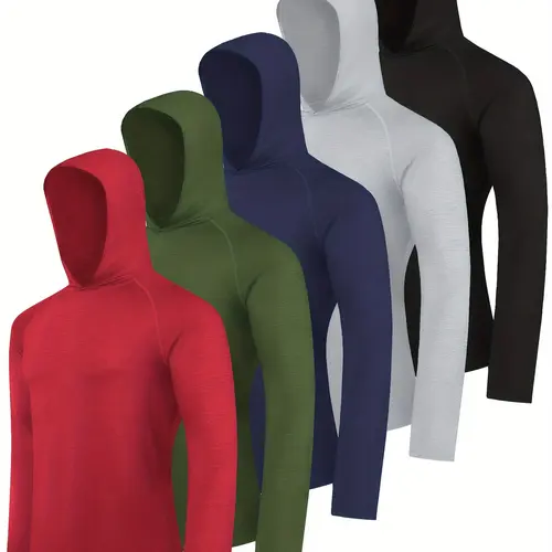 Hovsiyla 5pcs Men's Athletic Hoodie Shirts - Moisture-Wicking, Breathable Polyester Blend, Long Sleeve - Hooded Design for Casual, Fishing, Running & Outdoor Activities summerwins,back to school,back to school shopping