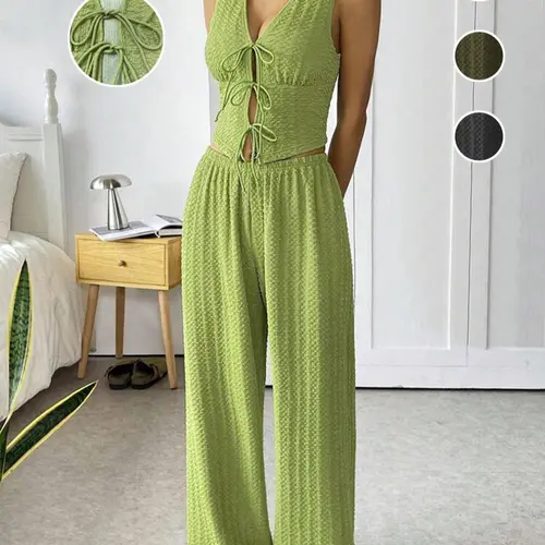 Women's Two-piece Casual Beach Set Solid Sleeveless Fitted Tank Top & Wide Leg Pants, Casual Cozy Two Pieces Outfits for Daily Outdoor Wear, Minimalist Clothes for Summer
