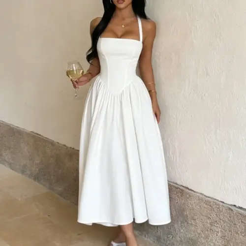 Women's Sleeveless Halter Backless Maxi Dress, Elegant Feminine Fitted A-Line Dress for Daily Outdoor Wear, Summer Casual Dress