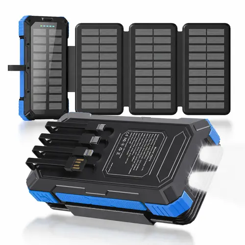 Solar Charger Power Bank 49800mAh with 4 Built-in Cables & 3 Foldable Panels, PD22.5W Fast Portable Phone Charger, External Battery Pack with USB-C in/Output & Flashlight for Outdoor Camping