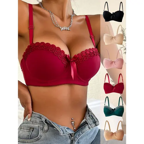 Women's 6pcs Balconette V-Neck Push-Up Bras - Elegant Chic Lace, High-Support Underwire, Comfortable Fit, Non-Removable Pads, Breathable Seamless Mixed-Color Womenswear Basics,sohochic
