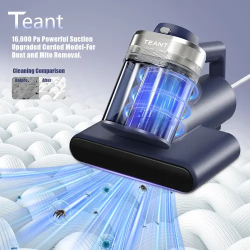 Teant Handheld Filtered Vacuum Cleaner - 16kPa Deep Suction (16000 Pa), UV-C Dust Mite Removal, Double-Cup, 99.97% HEPA Filter, LED Display, 149°F Hot Air, Aroma & Anion, ABS Plastic, for Bed, Couch Deep Cleaning