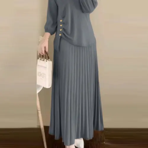 Two-piece Set Co Ord Set Women's Solid Color Top & Pleated Skirt, Casual 3/4 Sleeve Round Neck Top & Skirt for Daily Wear, Ladies Clothes for All Seasons, Fashion Style Sets, Matching Outfit Set