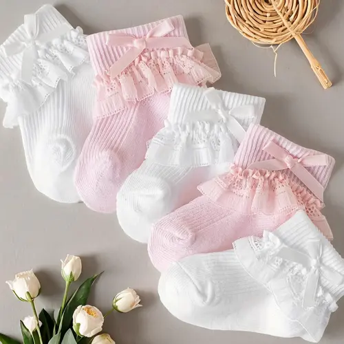 Girl's Solid Color Bow Decor Lace Ruffle Trim Knit Ankle Socks, Cute Comfy Breathable Soft Socks for Daily Wear, Kid's Socks for All Seasons, Socks Set